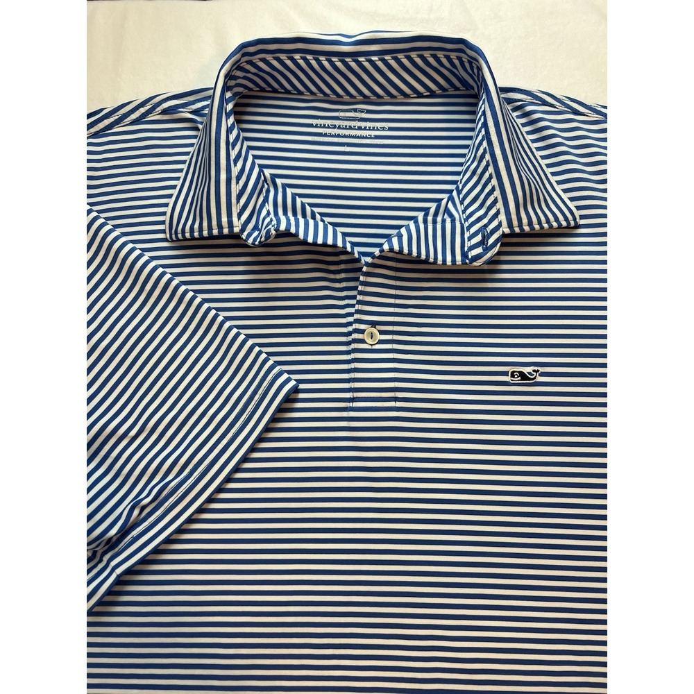 Vineyard Vines Performance Polo Men's L Blue Striped Golf Shirt Stretch Logo